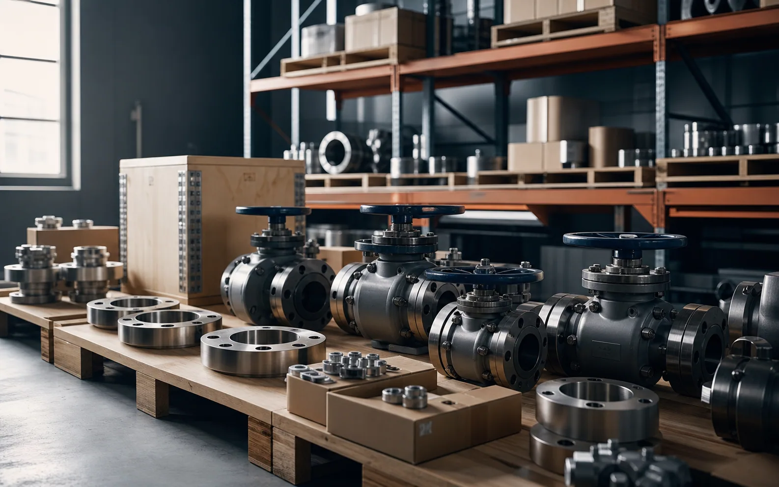 New industrial valves and flanges staged on pallets in a clean warehouse.