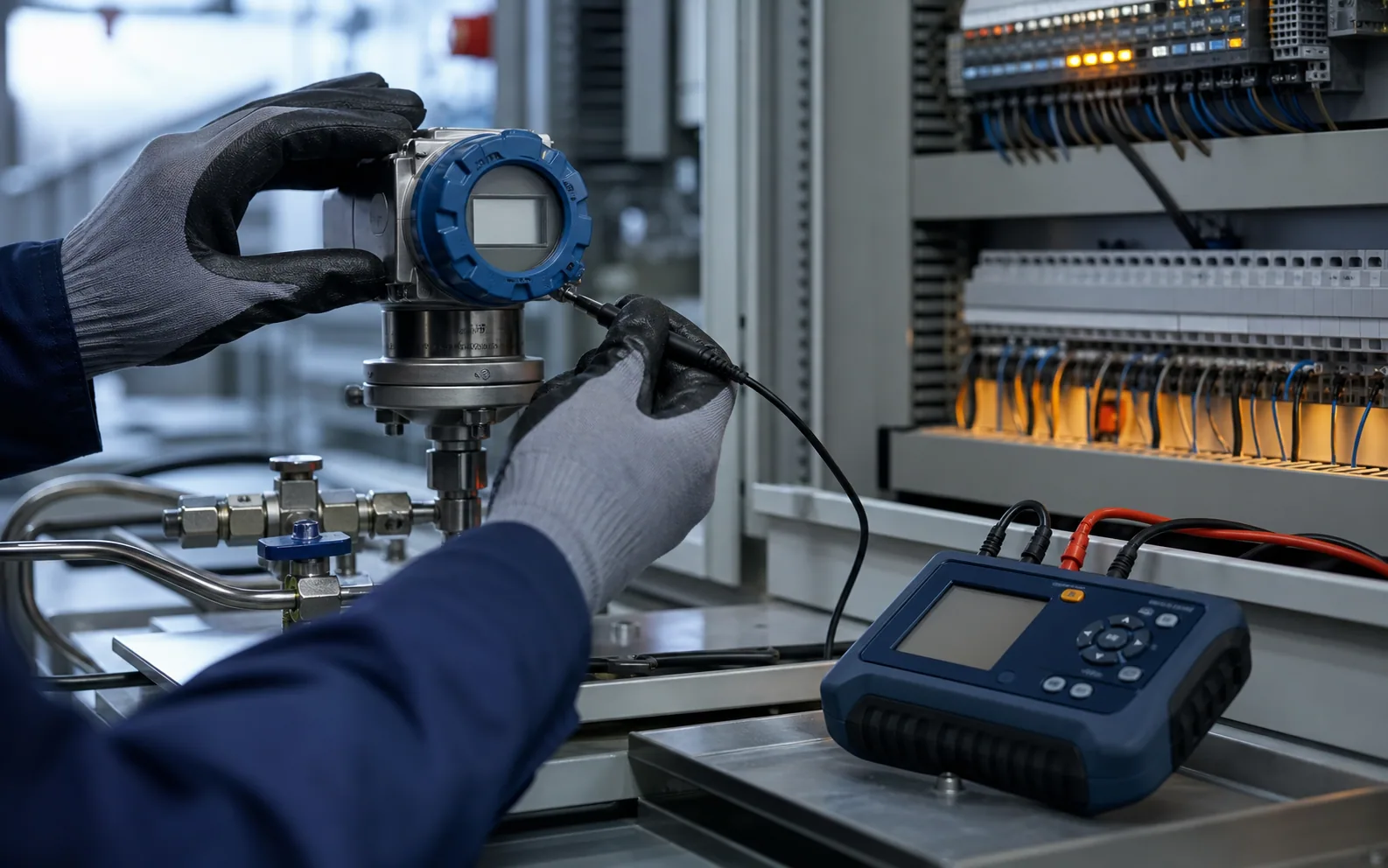 Gloved hands calibrating an industrial pressure transmitter beside a control cabinet.