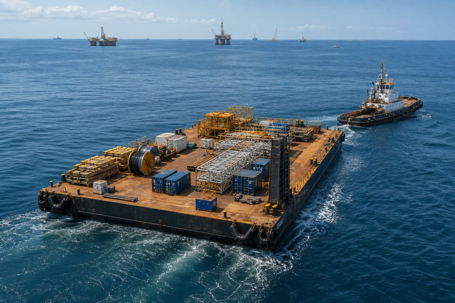 Illustrative flat-top marine barge carrying organized offshore equipment under tow.