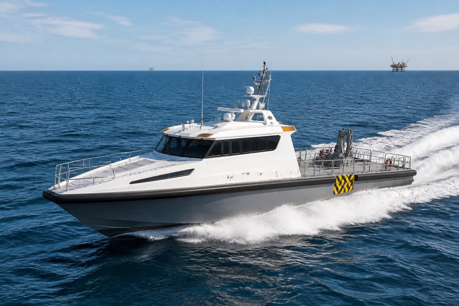 Illustrative fast support and intervention vessel travelling at speed offshore.
