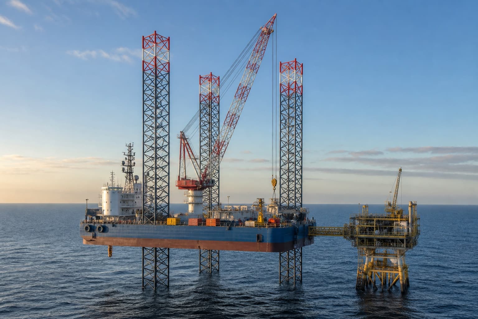 Illustrative jack-up barge elevated on lattice legs beside an offshore worksite.