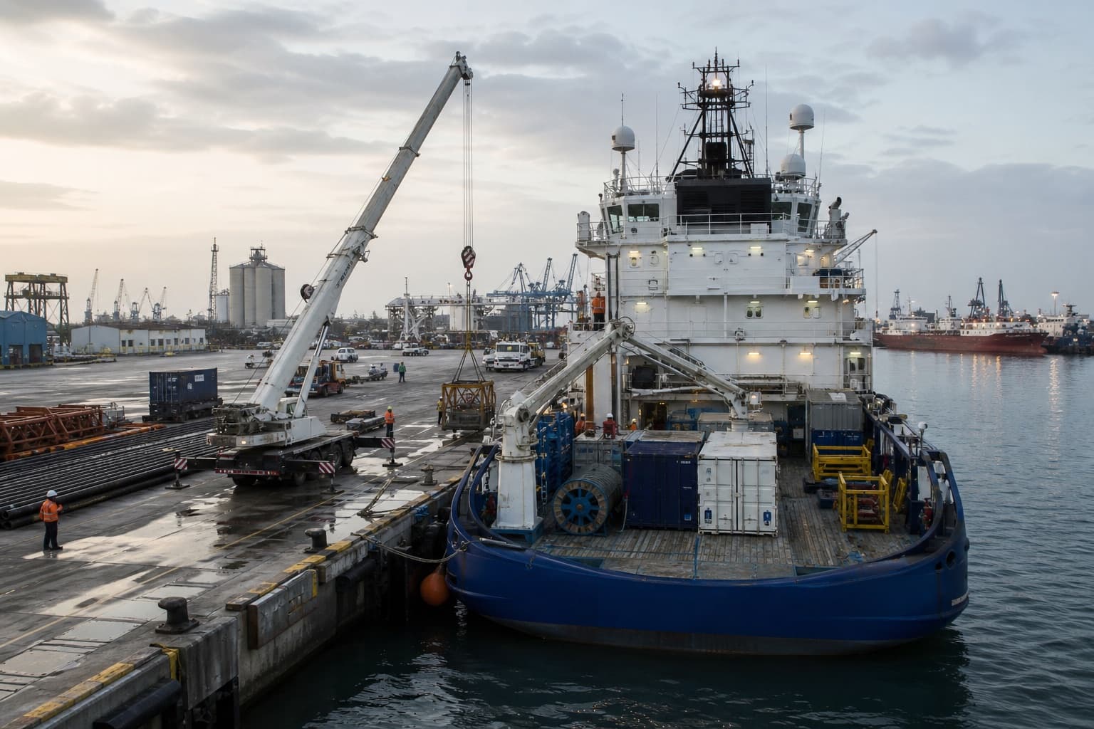 Illustrative offshore support vessel undergoing organised mobilisation at an industrial port.