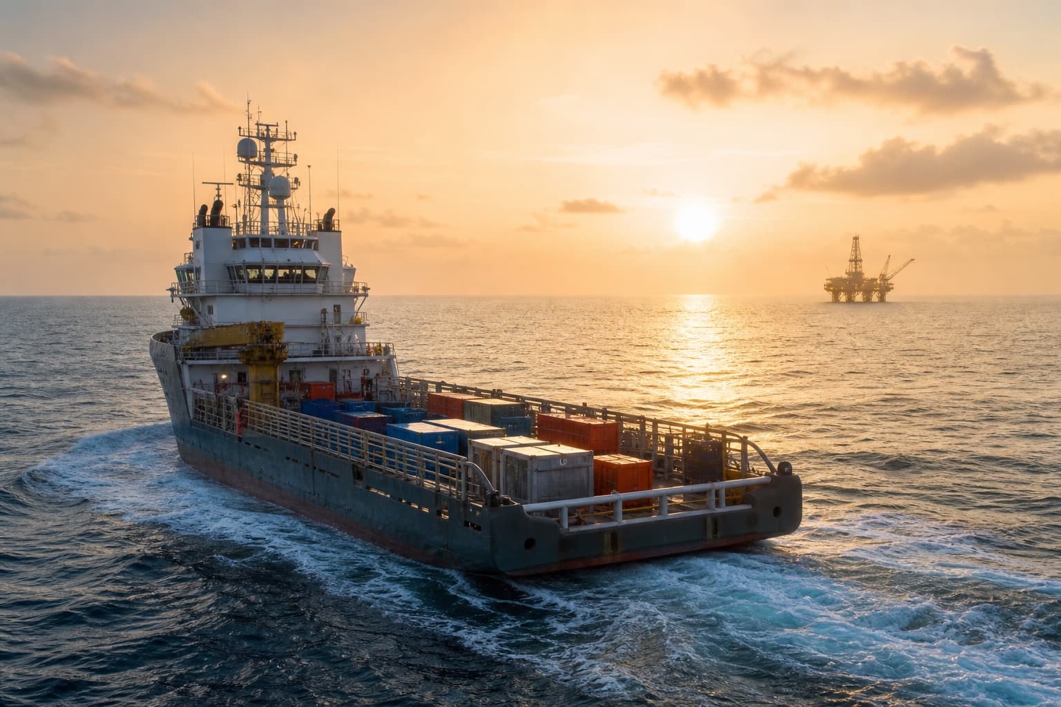 Illustrative supply vessel carrying organised cargo towards a distant offshore installation in tropical coastal light.