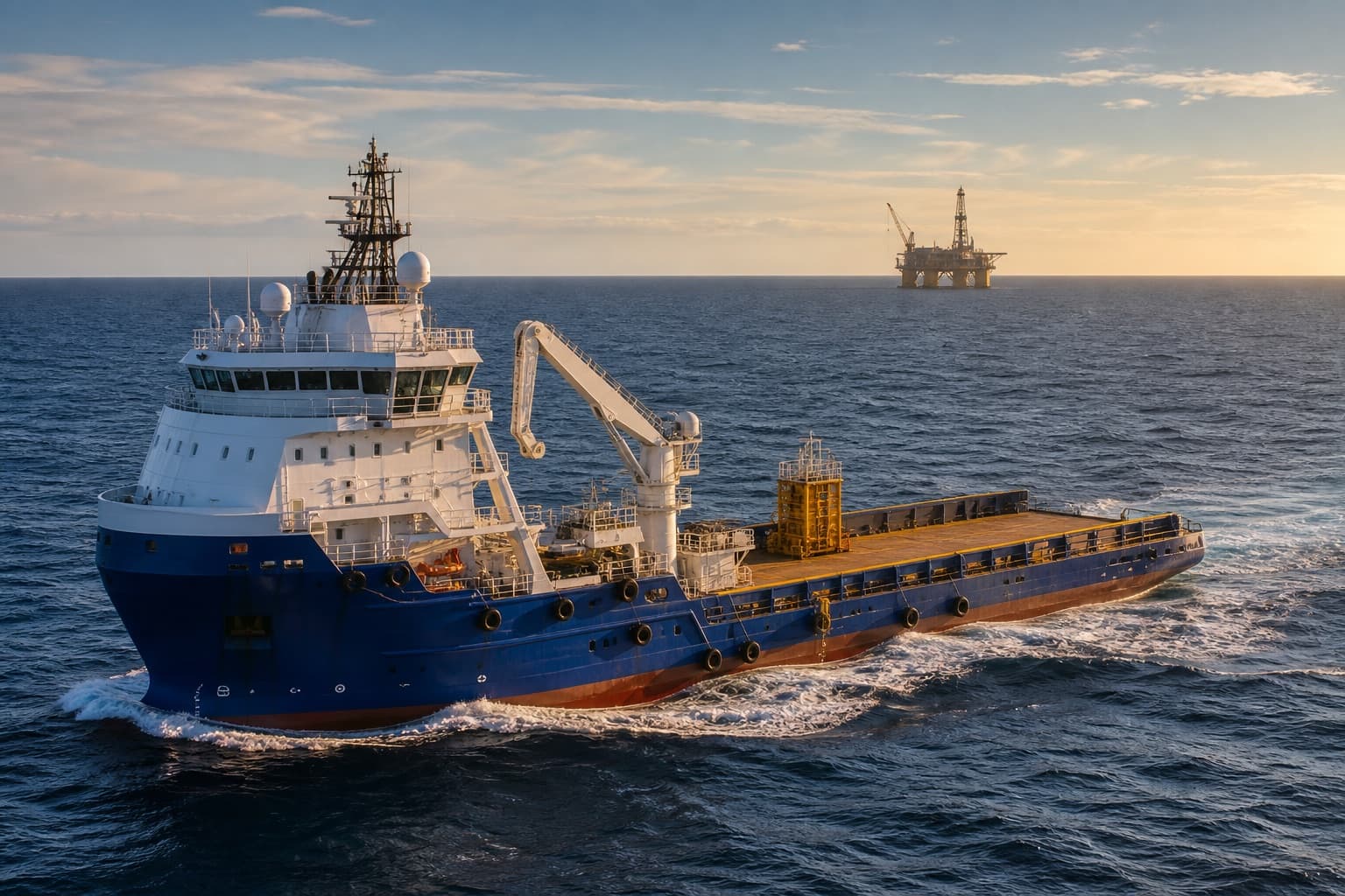 Illustrative multipurpose offshore support vessel with working deck and crane.