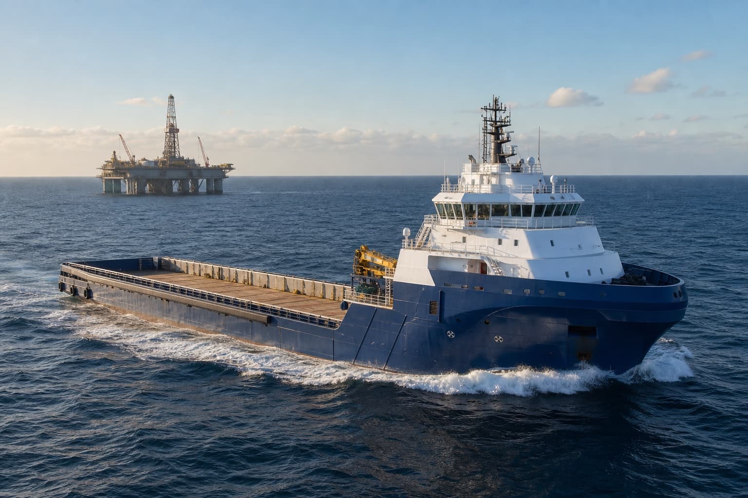Illustrative platform supply vessel with a broad open cargo deck underway offshore.