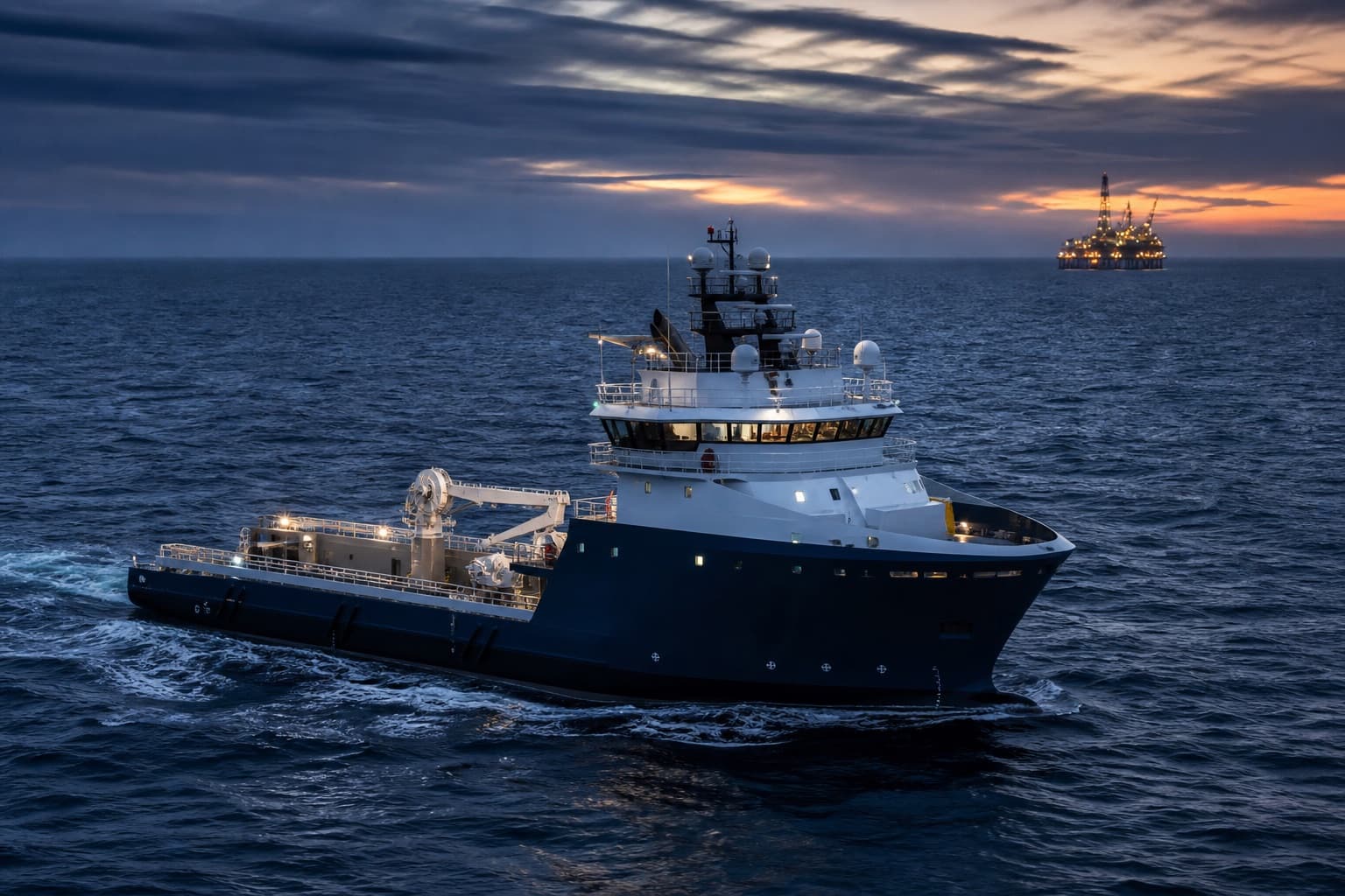 Illustrative offshore security vessel patrolling near an energy installation at blue hour.